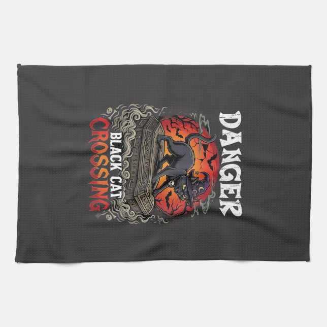 Danger Black Cat Crossing Halloween Witch Hat Coff Kitchen Towel (Horizontal)
