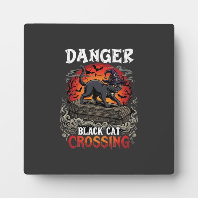 Danger Black Cat Crossing Halloween Witch Hat Coff Plaque (Front)