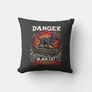Danger Black Cat Crossing Halloween Witch Hat Coff Throw Pillow