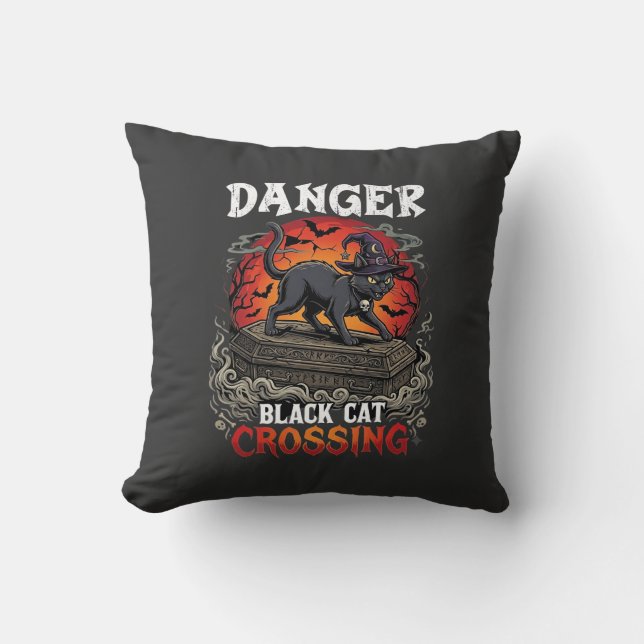 Danger Black Cat Crossing Halloween Witch Hat Coff Throw Pillow (Front)