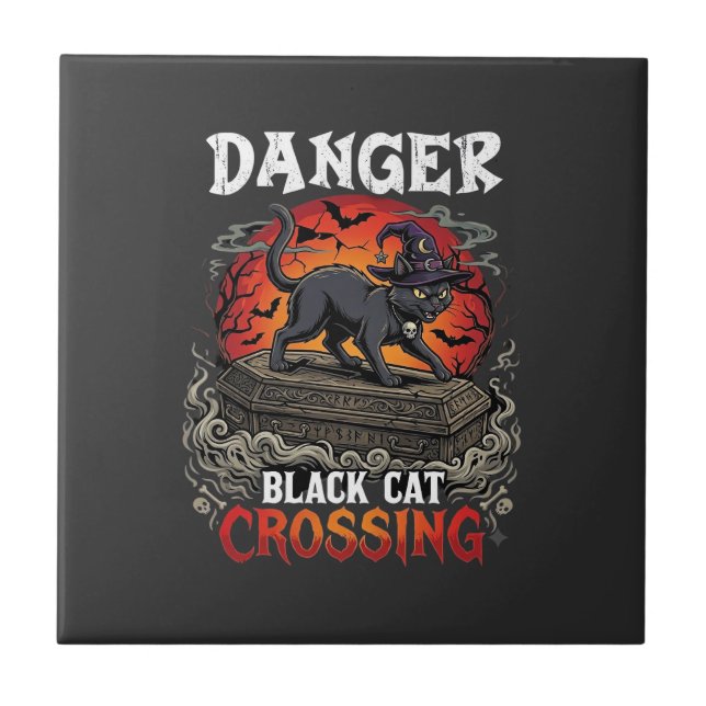 Danger Black Cat Crossing Halloween Witch Hat Coff Tile (Front)