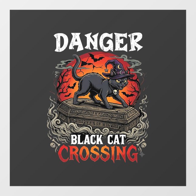 Danger Black Cat Crossing Halloween Witch Hat Coff Window Cling (Sheet)