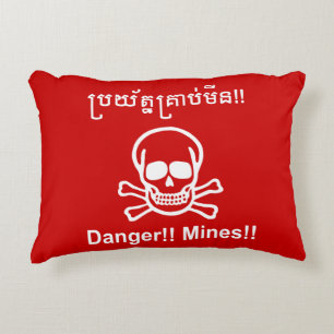 Danger!! Mines!! ☠ Cambodian Khmer Sign ☠ Accent Pillow