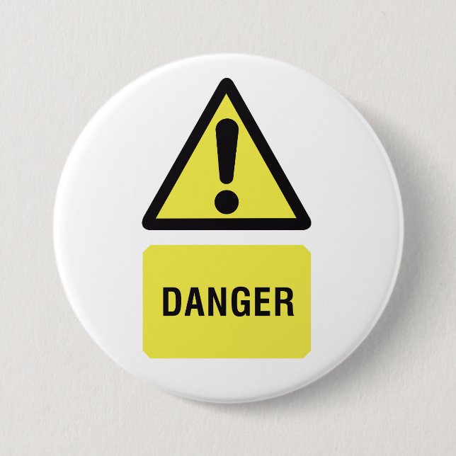 Danger Warning Sign Yellow Triangle Exclamation 3 Inch Round Button (Front)
