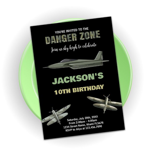 Danger Zone Fighter Jet Invitations d'anniversaire (Danger Zone Fighter Jet Birthday Invitations 10th)