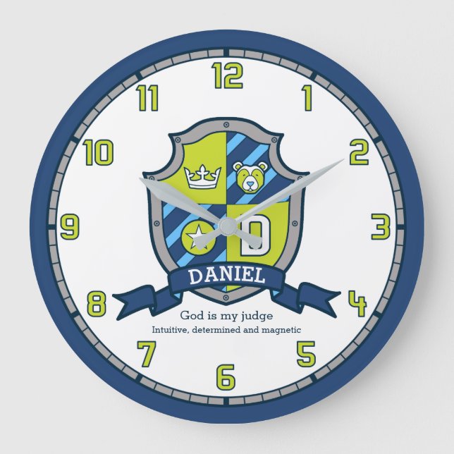 Daniel boys name meaning green blue bear shield large clock (Front)