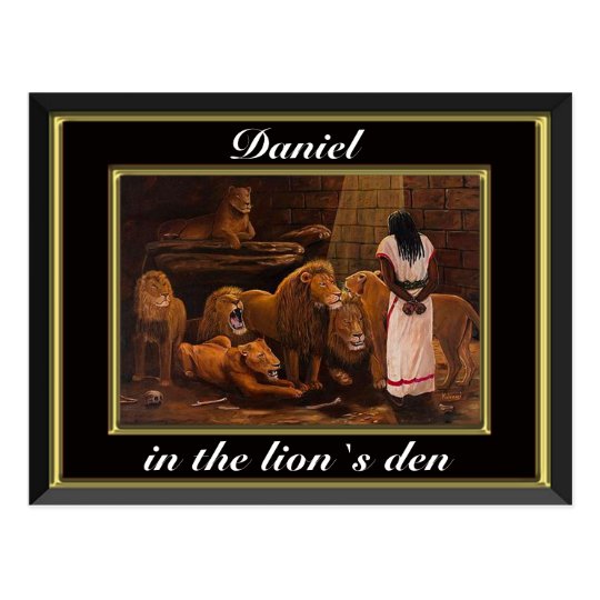 Daniel standing in the lions den black postcard