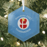 Danish Angel Hanukkah Flag Personalized  Glass Ornament<br><div class="desc">Hanukkah decor hexagon shaped glass ornament for the holiday season shows an angel wearing the red and white flag of Denmark. Designed for families of multiple religions, the Hanukkah Danish angel is found in the centre of white squiggly squares, surrounded by blue squiggly squares. Add a name to personalize. Customize...</div>