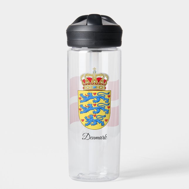 Danish Coat of Arms, Flag, Denmark Water Bottle (Front)