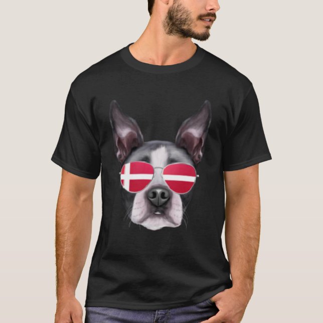 Danish Flag Boston Terrier Dog Denmark Pocket T-Shirt (Front)