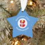 Danish Flag Hanukkah Angel Name Year Star Ornament<br><div class="desc">Hanukkah decor star shaped ornament for the holiday season shows an angel wearing the red and white flag of Denmark. Designed for families of multiple religions, the Hanukkah Danish angel is found in the centre of white squiggly squares, surrounded by blue squiggly squares. Add a name to personalize. Customize by...</div>