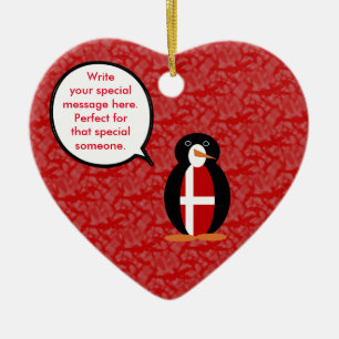 Danish Flag Holiday Ms. Penguin Talking Ceramic Ornament