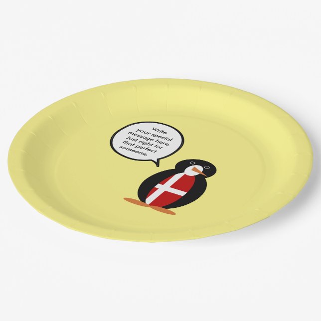 Danish Flag Talking Ms. Penguin Personalized Paper Plate (Angled)