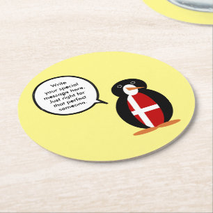 Danish Flag Talking Ms. Penguin Personalized Round Paper Coaster