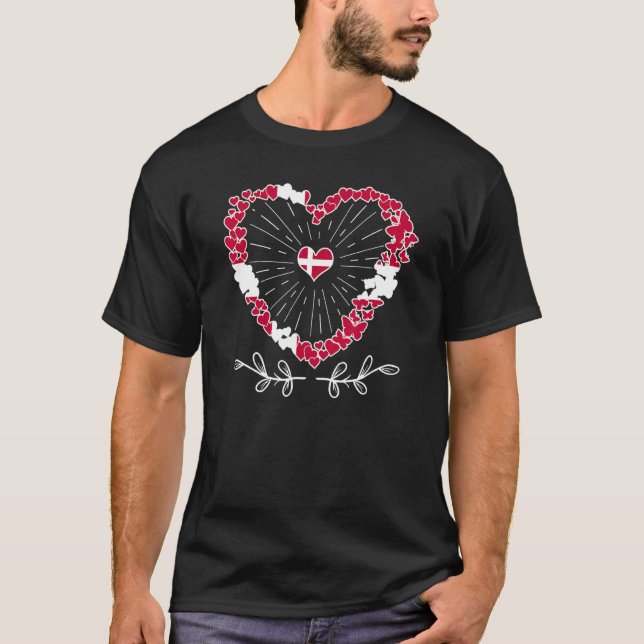 Danish flag with hearts in national colour Denmark T-Shirt (Front)