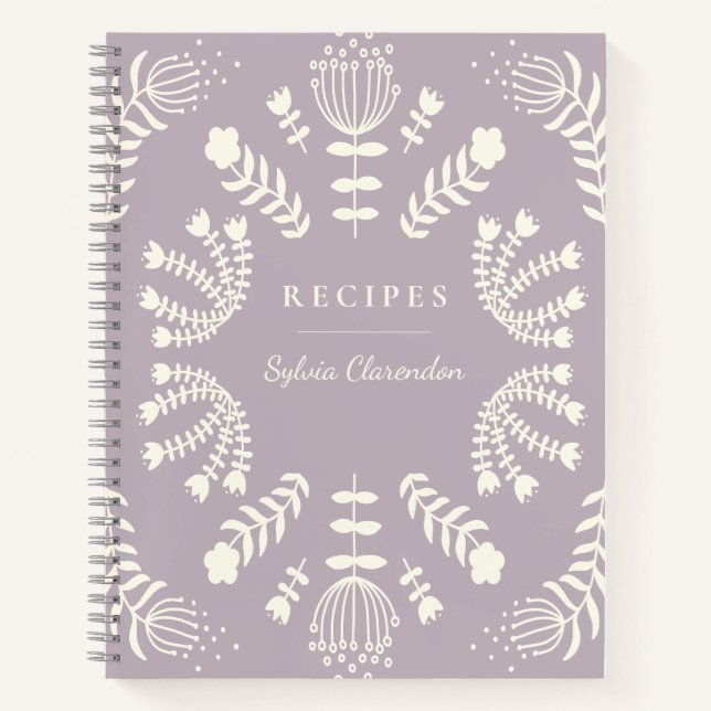 Danish Folk Flowers Lavender Personalized Recipe Notebook (Front)