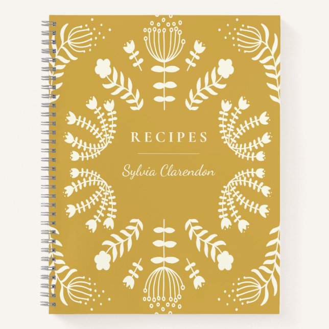 Danish Folk Flowers Yellow Personalized Recipe Notebook (Front)