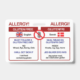 DANISH Gluten Free Travel Card   Allergy Badge