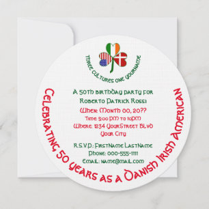 Danish Irish USA Shamrock Personalized Birthday  Invitation