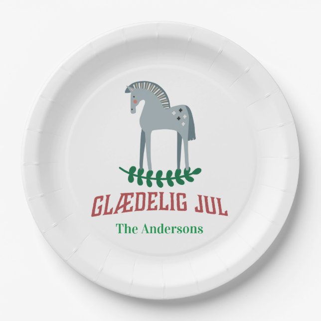 Danish Merry Christmas Dala Horse  Paper Plate (Front)