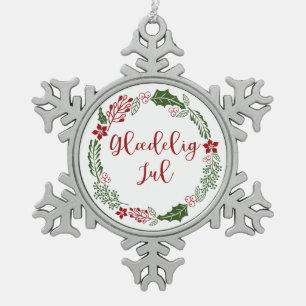 Danish Merry Christmas Wreath, Glædelig jul Snowflake Pewter Christmas Ornament