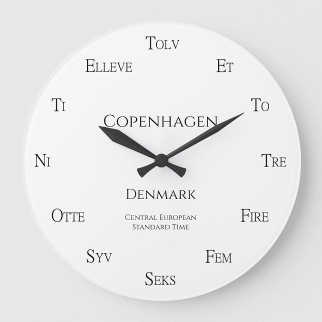 Danish Numbers Personalized City Country Time Zone Large Clock (Front)