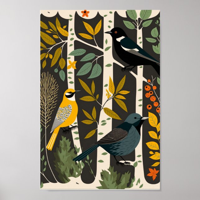 Danish Scandinavian Birds Trees Minimalist Boho  Poster (Front)