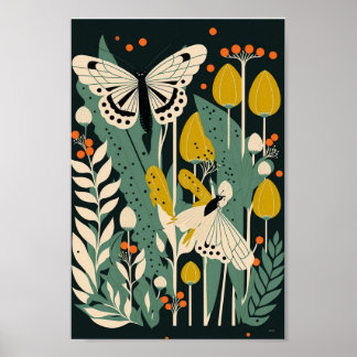 Danish Scandinavian Butterfly Floral Flower Art  Poster