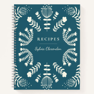 Danish Teal Blue Folk Flowers Personalized Recipe Notebook