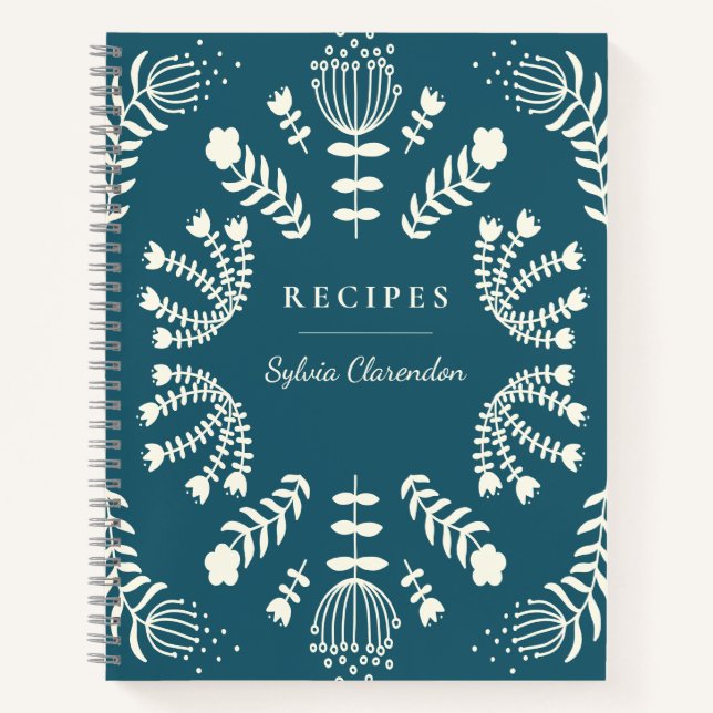 Danish Teal Blue Folk Flowers Personalized Recipe Notebook (Front)