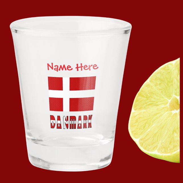Danmark Dannebrog Red Personalization  Shot Glass (Shot glass has Danish flag and the word DANMARK below. Add a name above in red text.)