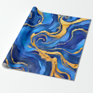 Danse Royale Rich Royal Blue Gold Flowing Abstract Wrapping Paper