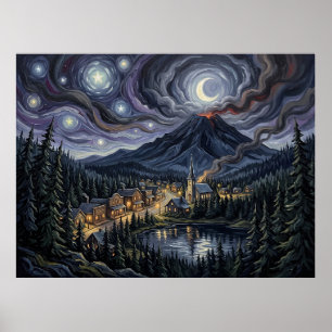 Dante's Peak Starry Night Disaster Landscape Poster