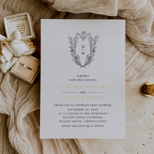 DAPHNE Black White Gold Monogram Greenery Wedding (DAPHNE Black White Gold Monogram Greenery Wedding Foil Invitation)