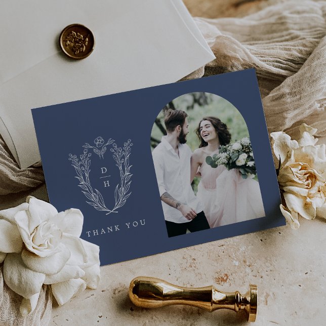 DAPHNE Flat Dark Blue Minimal Simple Photo Wedding Thank You Card (DAPHNE Flat Dark Blue Minimal Simple Photo Wedding Thank You Card)