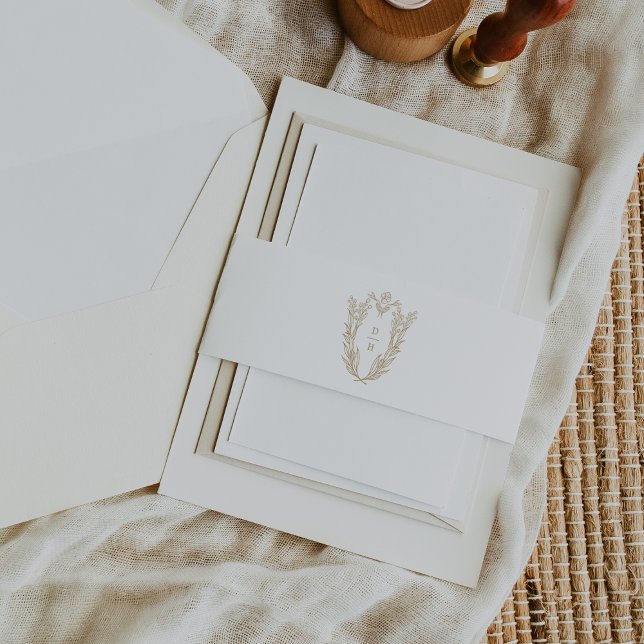 DAPHNE Floral Gold White Classy Boho Crest Wedding Invitation Belly Band (DAPHNE Floral Gold White Classy Boho Crest Wedding Invitation Belly Band)