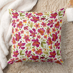Daphne-Magenta and Yellow Floral with Green Leaves Throw Pillow