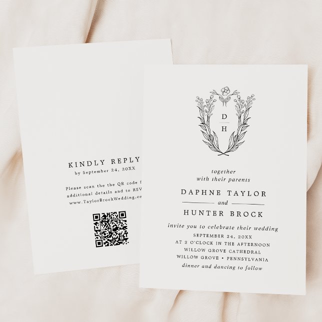 DAPHNE QR Code Black White Monogram Simple Wedding Invitation (DAPHNE QR Code Black White Monogram Simple Wedding Invitation)