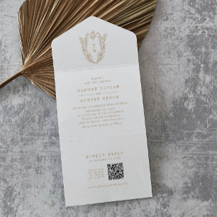 DAPHNE QR Code Fancy Gold White Antique Wedding All In One Invitation