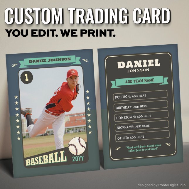 D'appel Carte de baseball personnalisée, Joueur Rétro Sarc (Custom Baseball Trading Card, Teal Retro Player Card)