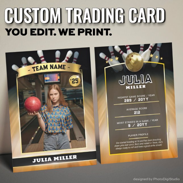 D'appel Carte de collection de quilles personnalisée, cart (Custom Bowling Trading Card, Modern Bowler Card Gold)