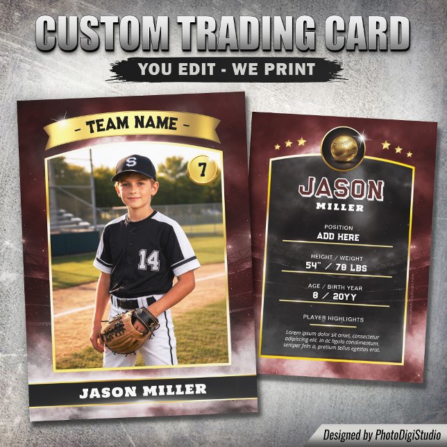 D'appel Carte de collection personnalisée de baseball, Sta (Custom Baseball Trading Card, Red Gold Stadium Player Card)