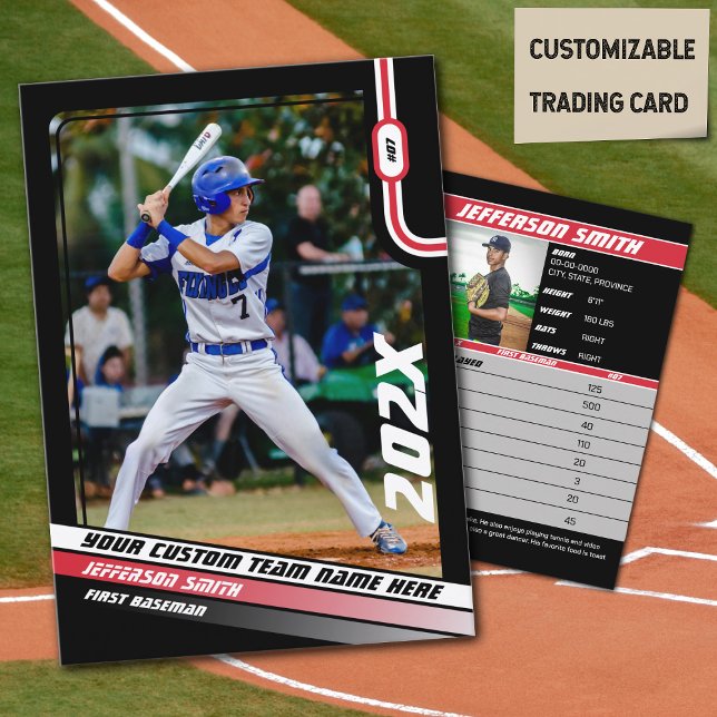 D'appel Carte de commerce joueur de baseball Custom Red Gi (Baseball Player Trading Card in Black with Custom Team Name and Red White Elements)