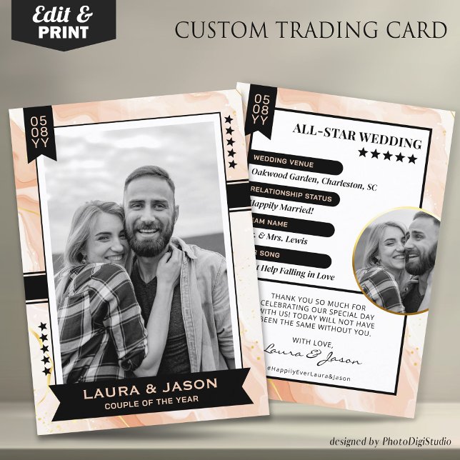 D'appel Carte de commerce personnalisée pour couple, souve (Wedding Trading Card Template, Custom Couple Trading Card, Wedding Thank You Card Rose Gold & Black)