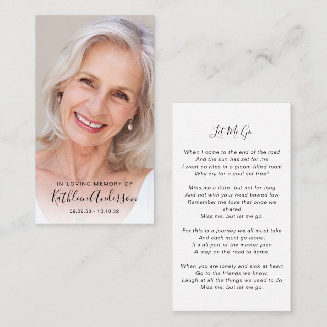 D'appel Carte de prière commémorative | Photo complète (Devant / Derrière)