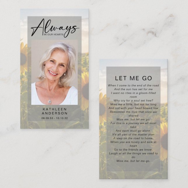 D'appel Carte de prière commémorative | Tournesols (Devant / Derrière)