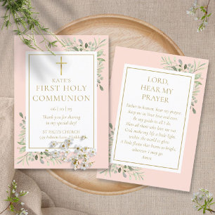 D'appel Carte de prière de première communion rose verdure