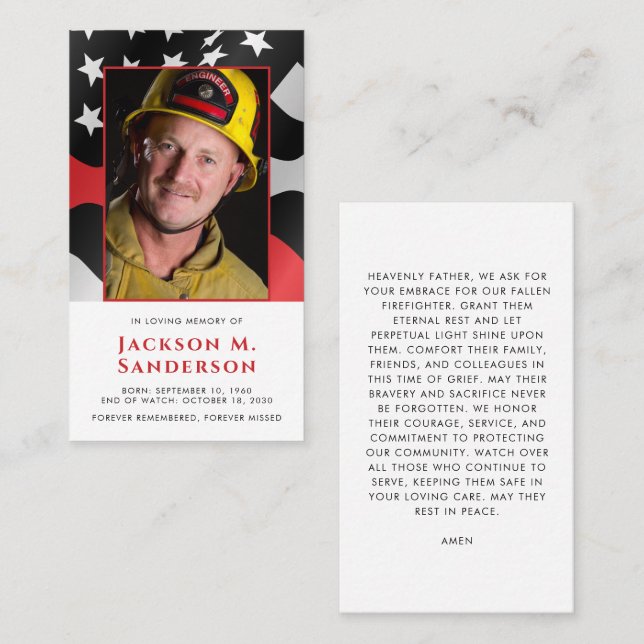 D'appel Carte de prière photo Memorial Red Line Firefighte (Devant / Derrière)
