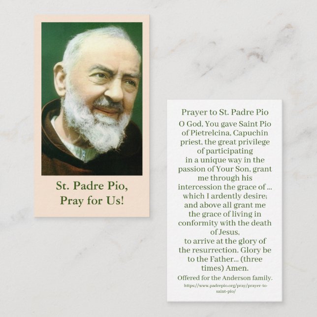 D'appel Carte de prière St Padre Pio (Devant / Derrière)