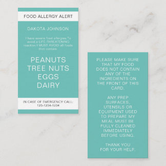 D'appel Carte turquoise d'alerte aux allergies alimentaire